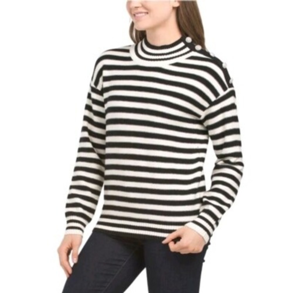 Aqua Striped Mock Neck Sweater Rhinestone‎ Button Detail Long Sleeve L